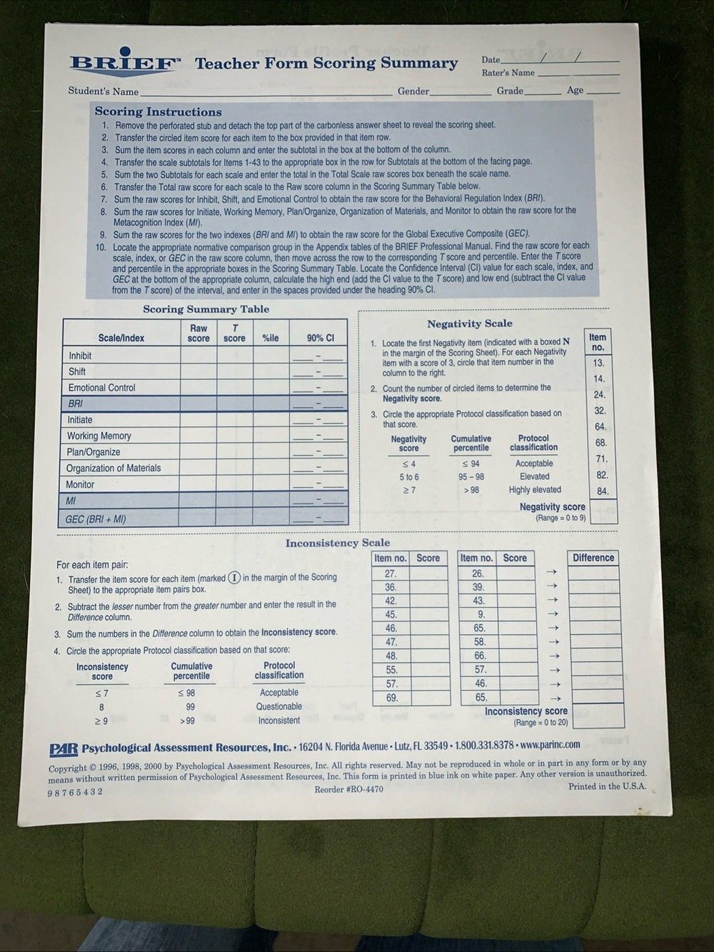 BRIEF - Behavior Rating Inventory of Executive Function TEACHER FORM 47 Pieces
